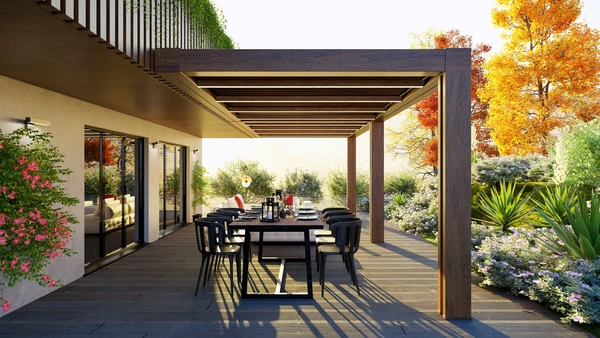 Pergola en bois avec toit végétalisé dans jardin paysager