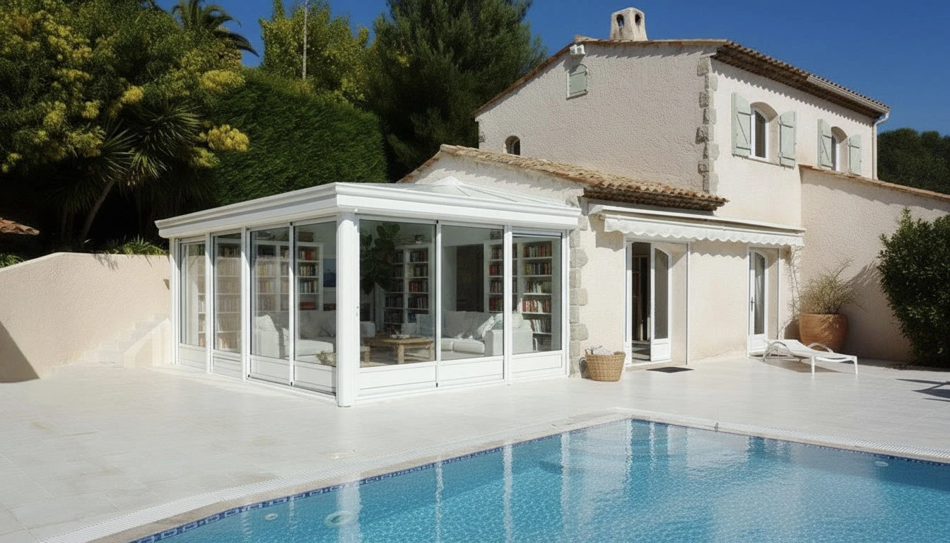 Terrasse moderne avec pergola bioclimatique à lames orientables, mobilier de jardin en résine tressée disposé sous l'abri