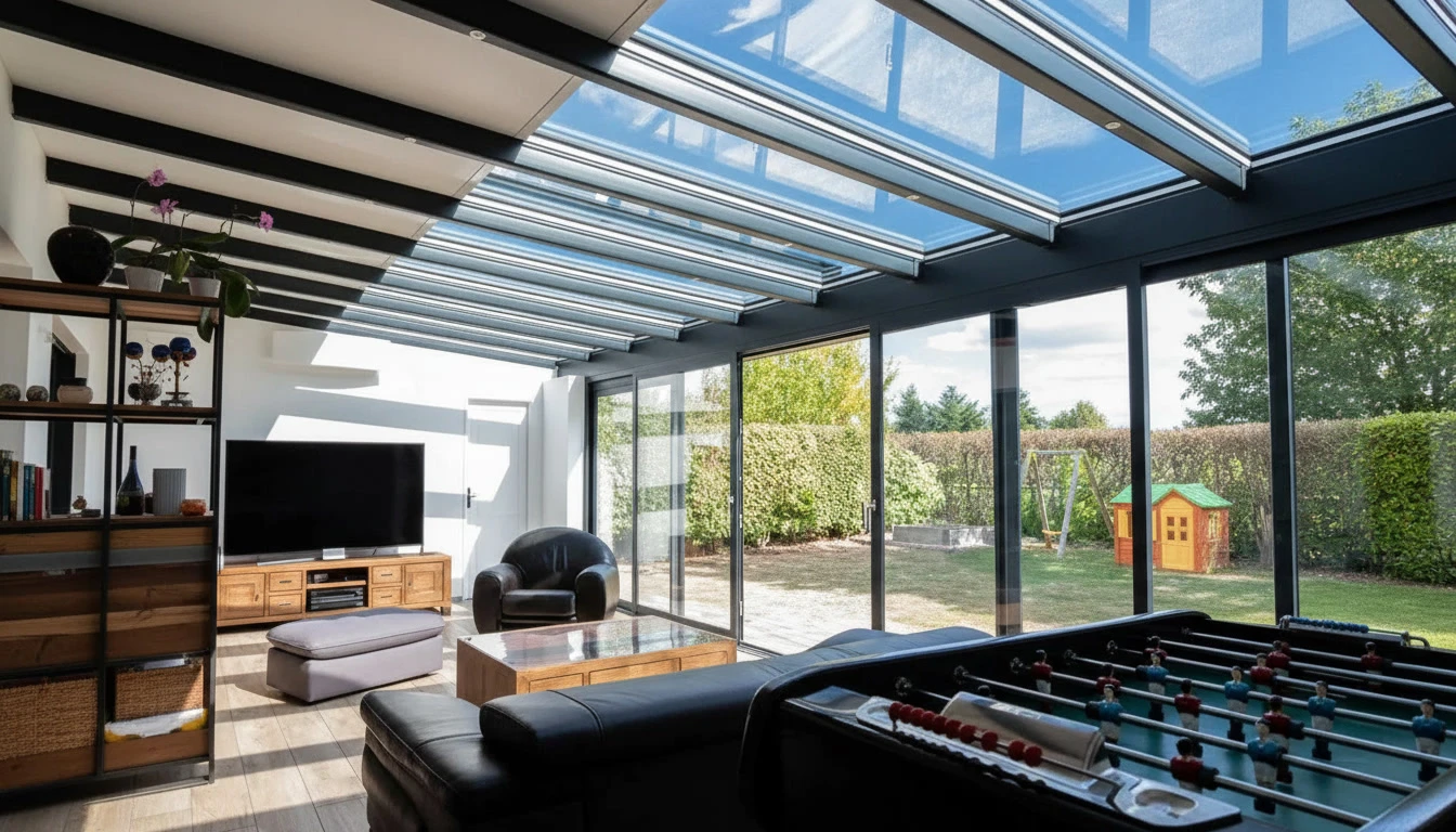 Atelier menuiserie intérieur avec artisan en salopette travaillant sur ordinateur portable, prenant notes avec crayon sur plans techniques