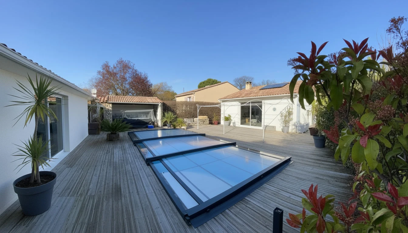 Piscine couverte avec abri télescopique en polycarbonate et structure aluminium