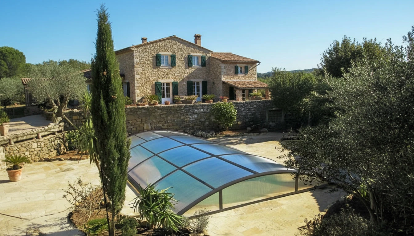 Véranda moderne avec structure aluminium et panneaux vitrés, mobilier en résine tressée noire, vue sur jardin paysager avec pelouse, massifs fleuris de tulipes roses, muret en pierre naturelle et clôture bois composite