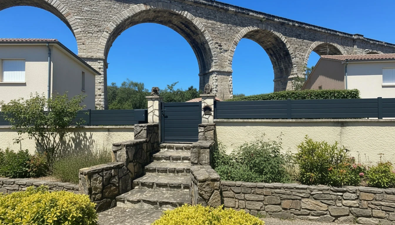 Entrée résidentielle moderne avec portail à double vantaux à lames horizontales anthracite, mur de clôture en blocs décoratifs beige texturés, auvent vitré avec structure métallique
