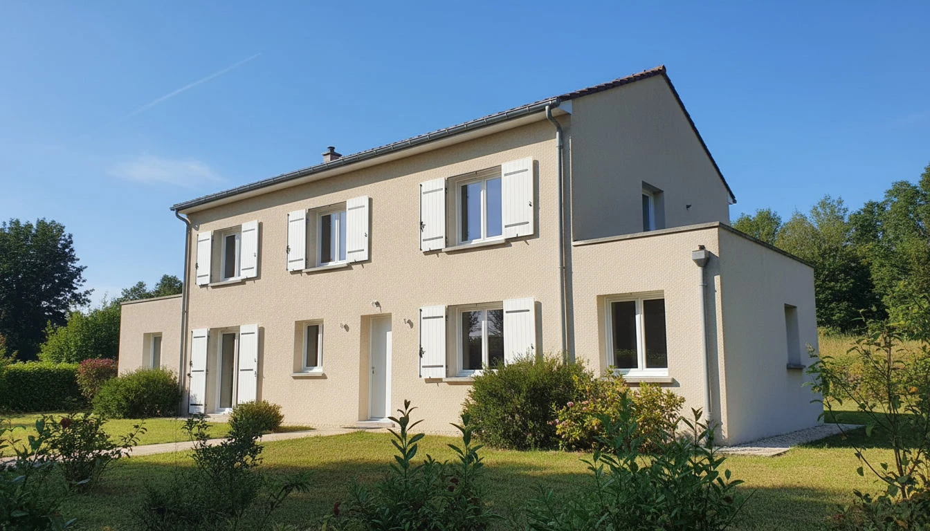 Façade moderne de bâtiment résidentiel avec volets roulants blancs partiellement fermés