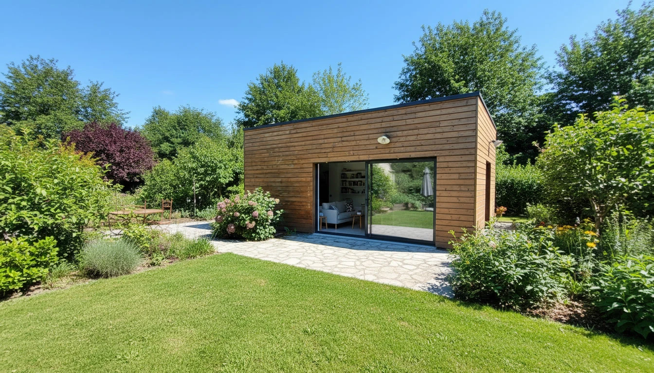 Maison contemporaine unifamiliale avec façade mixte en bardage bois et ardoise grise, toiture plate zinc